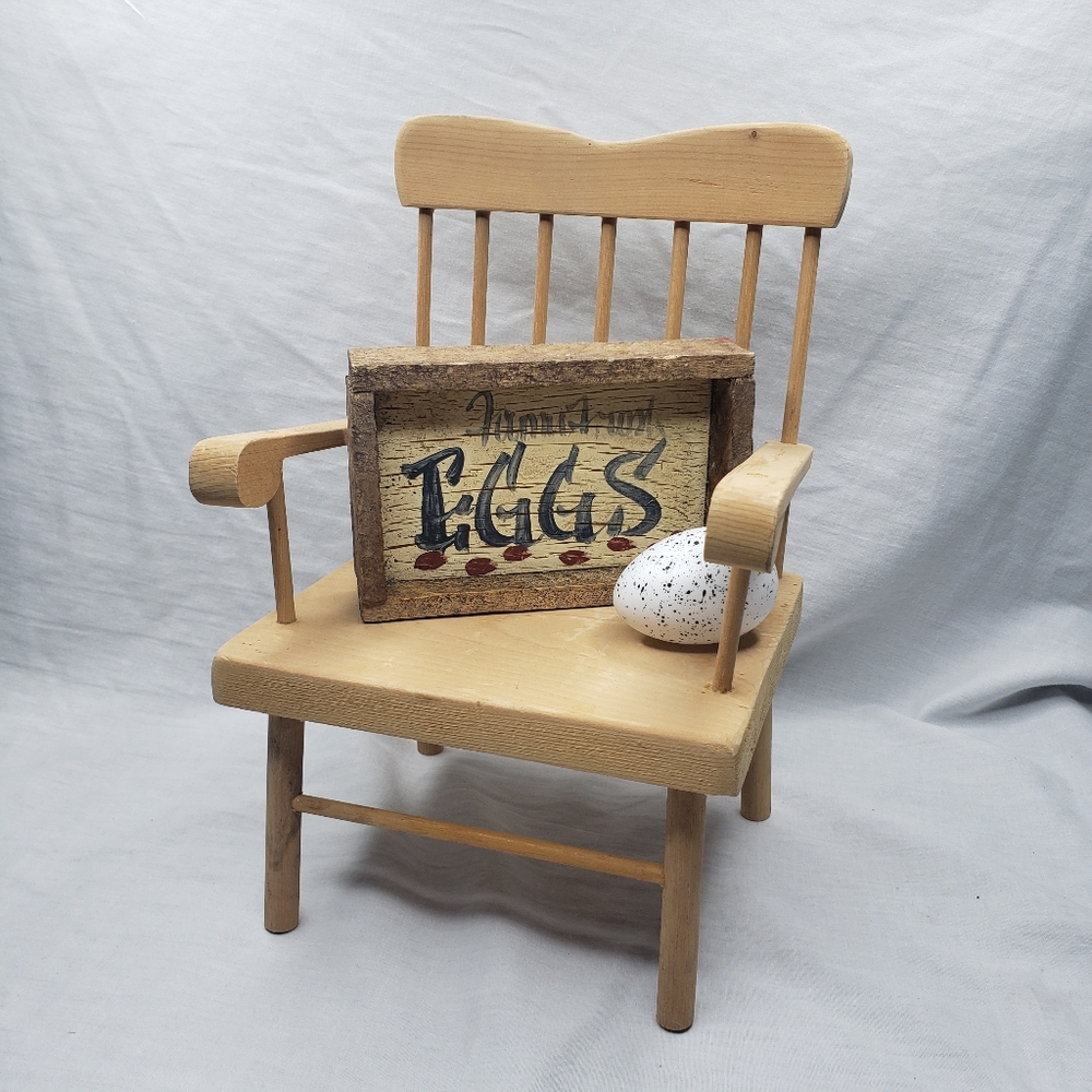 Cottage Handcrafted Wood Doll Sized Chair and Farm Fresh Egg Sign Shadowbox
